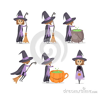 Vector illustration of witch flying, with broom, near cauldron. Set of cute, little magician. Character design Vector Illustration